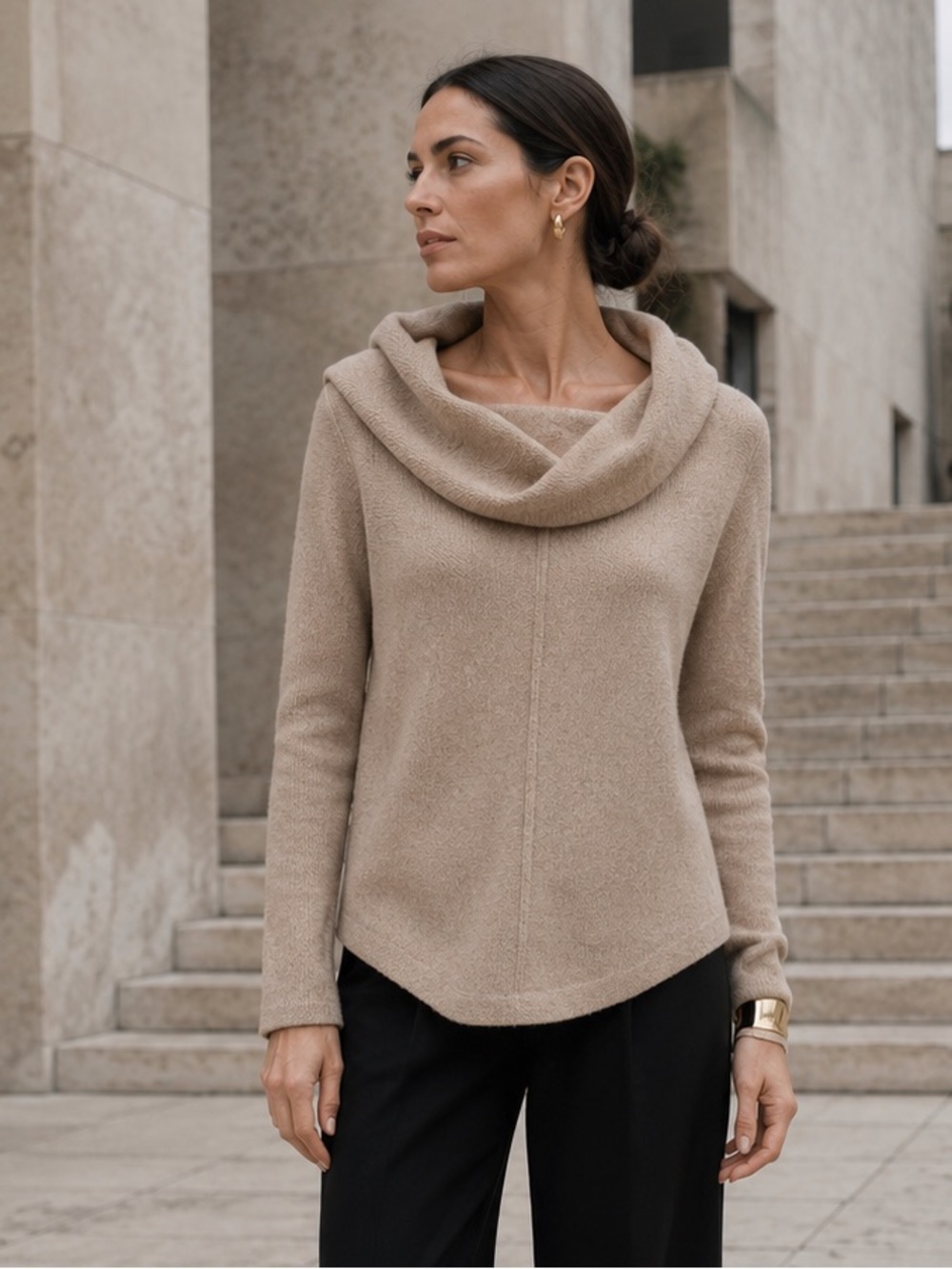 BACKDROP Camel Center Seam Wool Blend Cozy Chunky Cowl Neck Rib Knit Sweater, XS